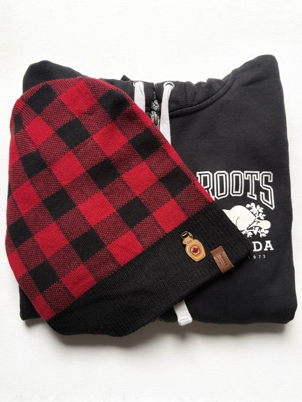 Roots Bundle Black Hoodie, Buffalo Plaid Beanie Maple Syrup